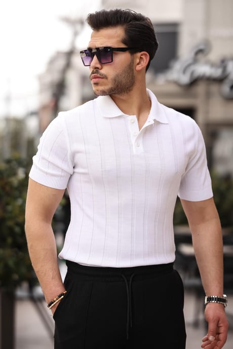 Düğmeli Polo Yaka Triko T-shirt - Beyaz