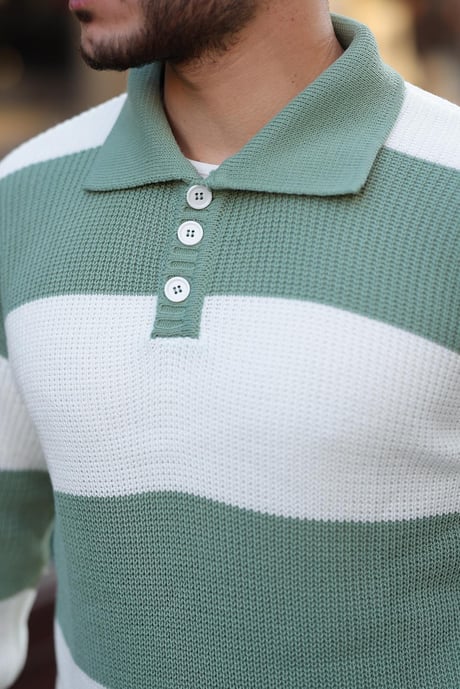 Düğmeli Polo Yaka Yarım Oversize Çizgili Triko Kazak - Yeşil
