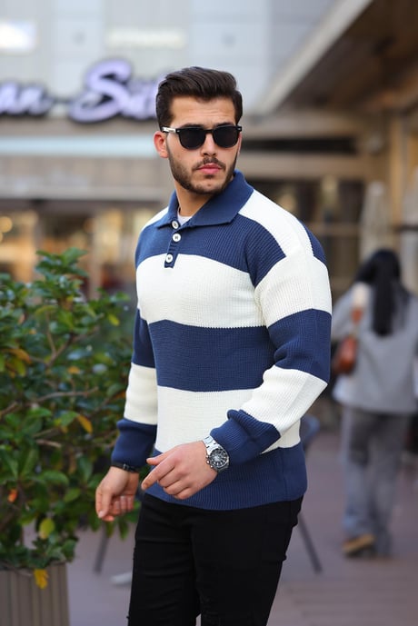 Düğmeli Polo Yaka Yarım Oversize  Çizgili Triko Kazak - Lacivert