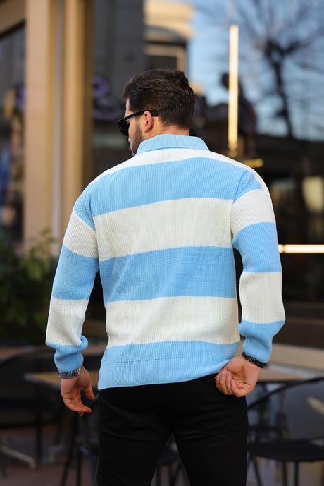 Düğmeli Polo Yaka Yarım Oversize  Çizgili Triko Kazak - Mavi