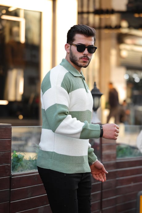 Düğmeli Polo Yaka Yarım Oversize Çizgili Triko Kazak - Yeşil
