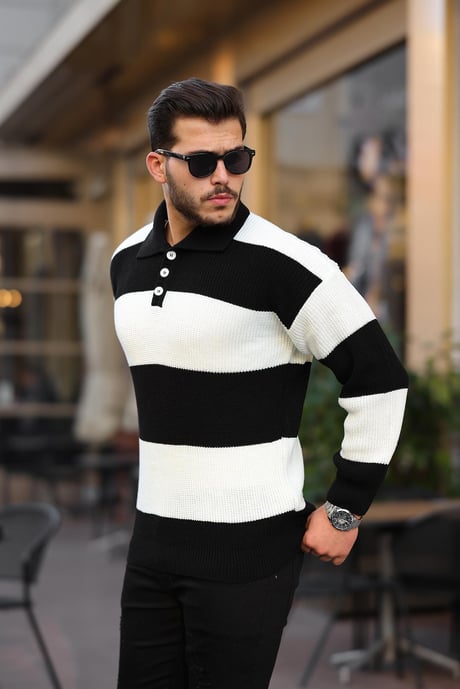 Düğmeli Polo Yaka Yarım Oversize  Çizgili Triko Kazak - Siyah