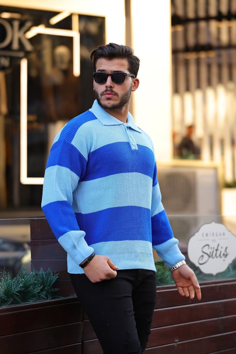 Düğmeli Polo Yaka Yarım Oversize  Çizgili Triko Kazak - Lacivert Mavi