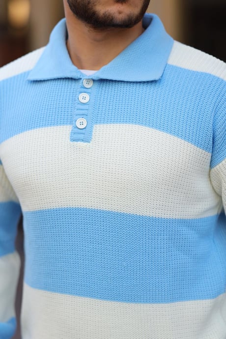 Düğmeli Polo Yaka Yarım Oversize  Çizgili Triko Kazak - Mavi