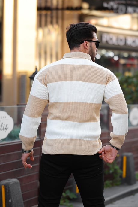 Düğmeli Polo Yaka Yarım Oversize  Çizgili Triko Kazak - Bej