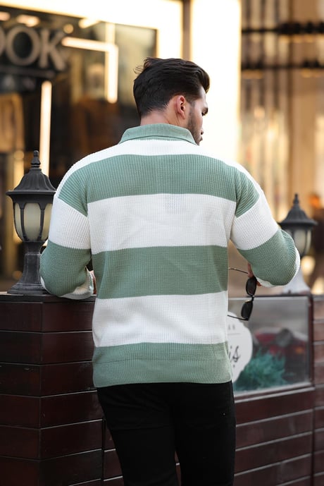 Düğmeli Polo Yaka Yarım Oversize Çizgili Triko Kazak - Yeşil