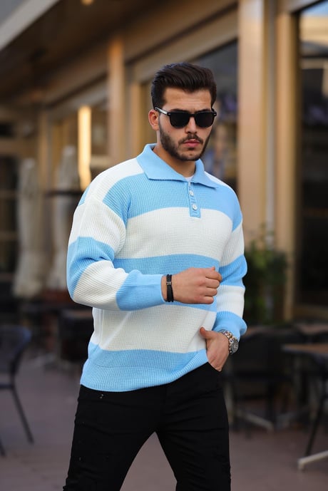 Düğmeli Polo Yaka Yarım Oversize  Çizgili Triko Kazak - Mavi