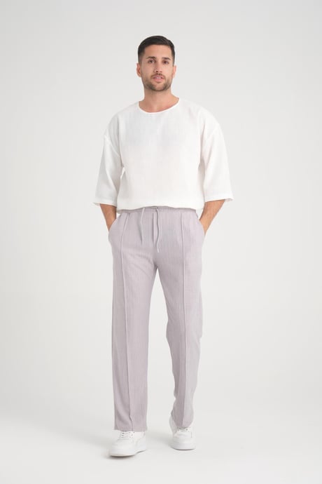 Düz Desenli Rahat Kalıp Beli Lastikli Baggy Pamuk Pantolon - Gri