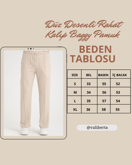 Düz Desenli Rahat Kalıp Beli Lastikli Baggy  Pantolon - Bej