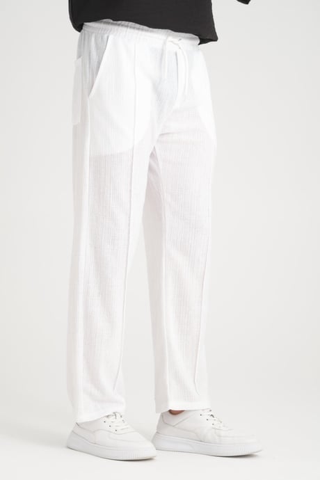 Düz Desenli Rahat Kalıp Beli Lastikli Baggy Pamuk Pantolon - Beyaz