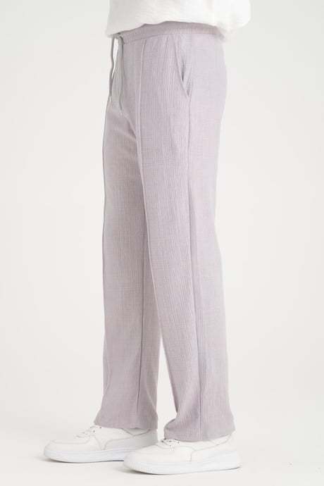 Düz Desenli Rahat Kalıp Beli Lastikli Baggy Pamuk Pantolon - Gri