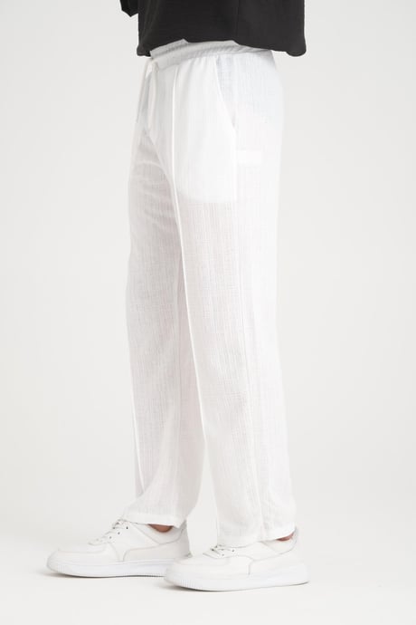 Düz Desenli Rahat Kalıp Beli Lastikli Baggy Pamuk Pantolon - Beyaz