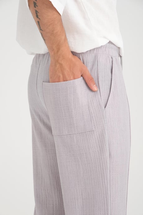 Düz Desenli Rahat Kalıp Beli Lastikli Baggy Pamuk Pantolon - Gri