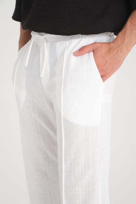 Düz Desenli Rahat Kalıp Beli Lastikli Baggy Pamuk Pantolon - Beyaz