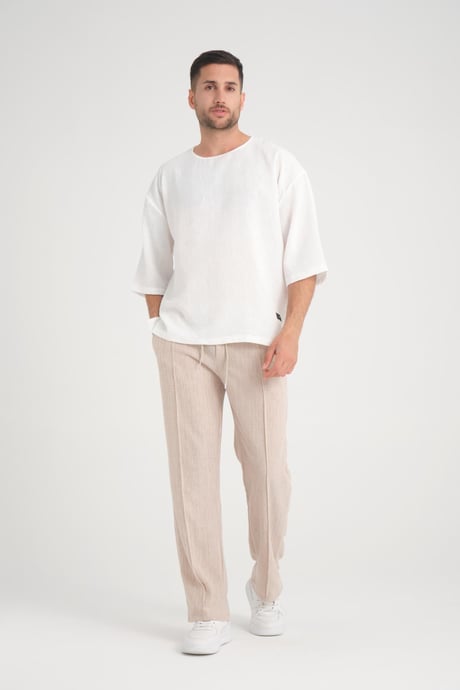 Düz Desenli Rahat Kalıp Beli Lastikli Baggy Pamuk Pantolon - Bej