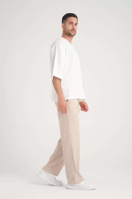 Düz Desenli Rahat Kalıp Beli Lastikli Baggy Pamuk Pantolon - Bej