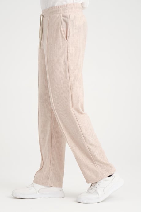 Düz Desenli Rahat Kalıp Beli Lastikli Baggy Pamuk Pantolon - Bej
