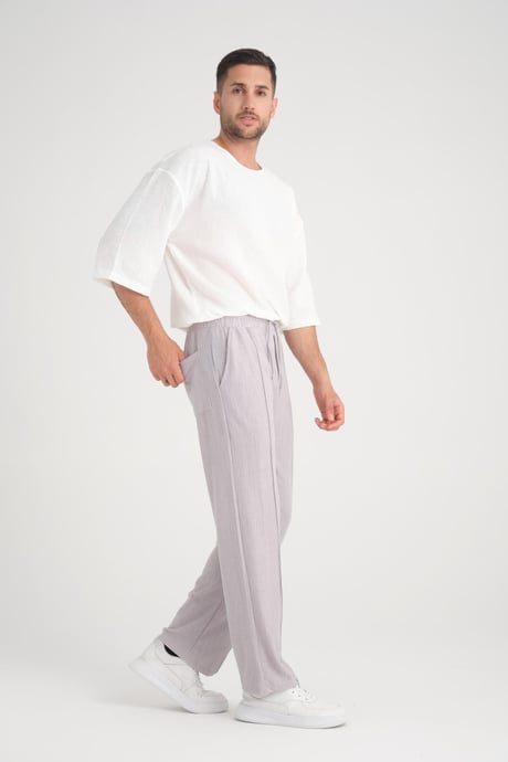 Düz Desenli Rahat Kalıp Beli Lastikli Baggy Pamuk Pantolon - Gri