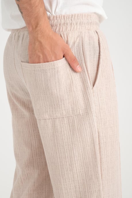 Düz Desenli Rahat Kalıp Beli Lastikli Baggy Pamuk Pantolon - Bej