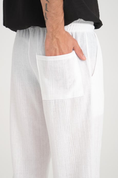 Düz Desenli Rahat Kalıp Beli Lastikli Baggy Pamuk Pantolon - Beyaz