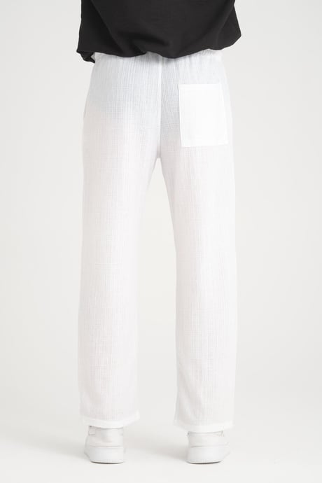 Düz Desenli Rahat Kalıp Beli Lastikli Baggy Pamuk Pantolon - Beyaz