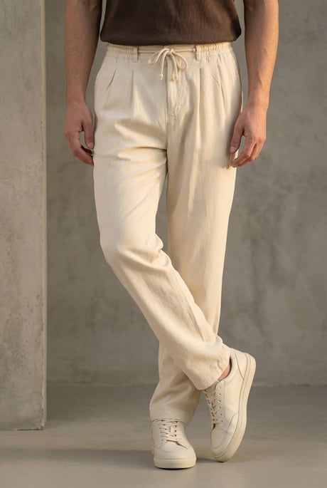Magnus Tensel Kumaş Relaxed Fit Beli Lastikli Yazlık Erkek Pantolon - Krem