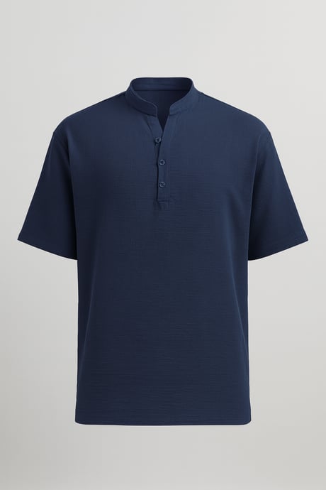 Wes Oversize Yarım Pat Bambu Kısa kol Gömlek - Lacivert