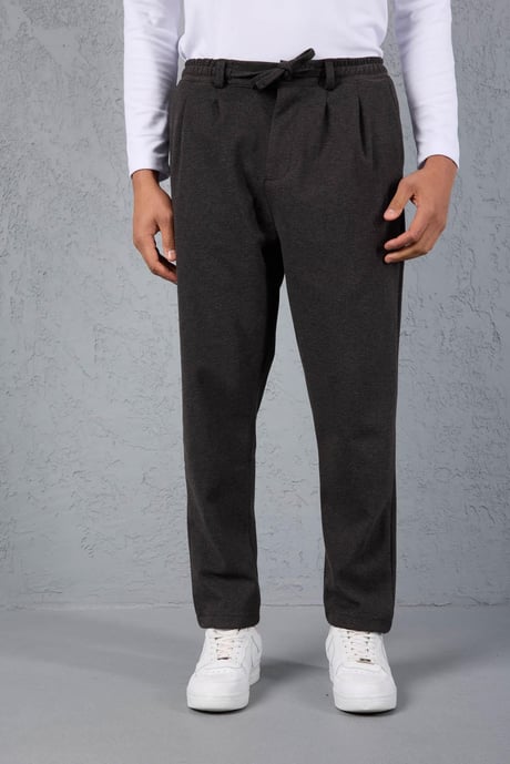 Milos Relax Fit Örme Kaşe Kumaş Fermuarlı Beli Lastikli Jogger Erkek Pantolon - Füme