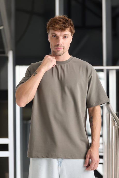 İki İplik Kumaş Pamuklu Bisiklet Yaka Basic Oversize Erkek T-Shirt - Kapari