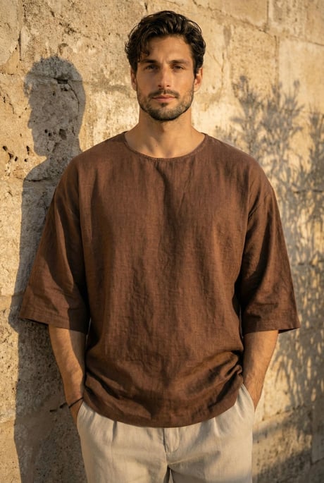 Castiel Bisiklet Yaka Fakir Kol Oversize Kısa Kol T-shirt - Kahve
