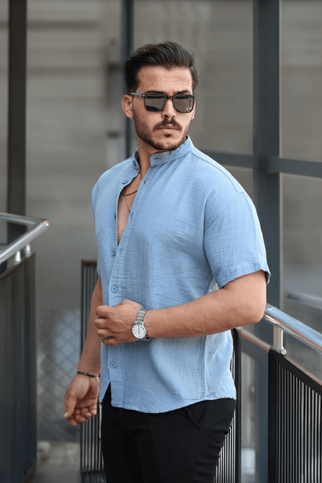 Hakim Yaka Müslin Kumaş Kısa Kol Gömlek - Soğuk Mavi