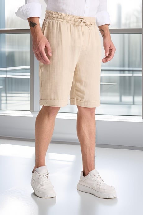 Hafif ve Rahat Duble Paça Müslin Erkek Şort - Açık Bej