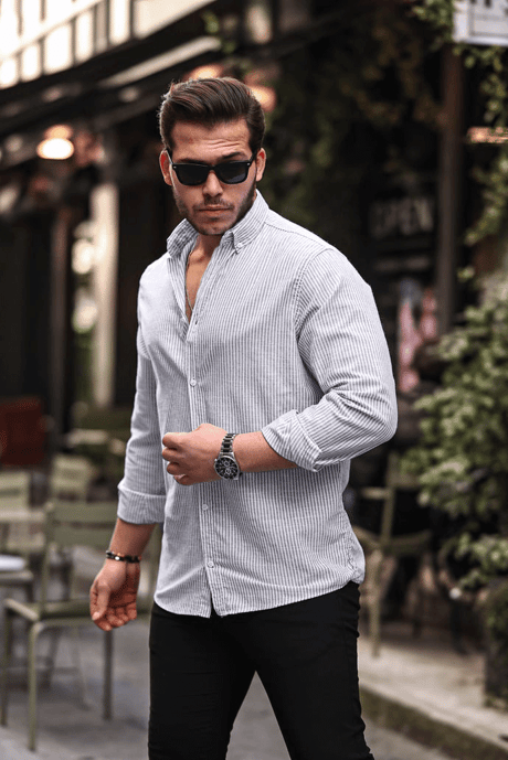 Dik Şerit Çizgili Flam Keten Gömlek - Siyah