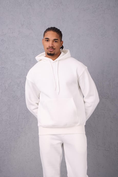 Şardonlu Kanguru Cepli Sweatshirt - 3 İplik Şardonlu Lastik Paça Erkek Eşofman Altı- Eşofman Takımı - Ekru
