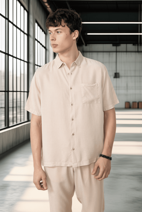 Tek Cepli Pamuk Kumaş Doğal Dokulu Oversize Erkek Gömlek - Bej