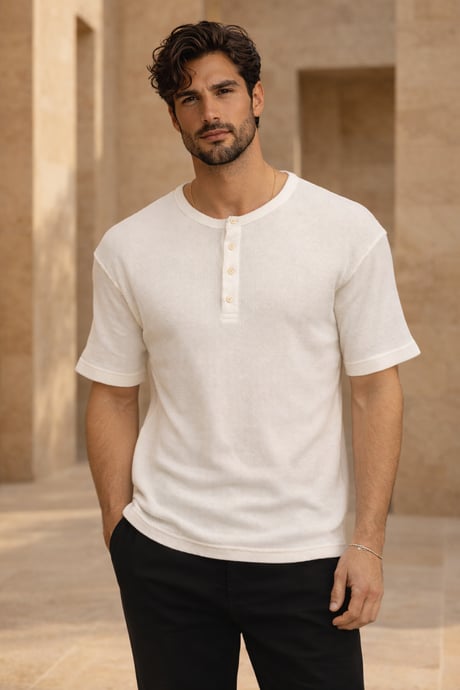 Roth Relaxed Fit Günlük Henley Yaka Waffle Kumaş Yazlık Kısa Kollu T-Shirt - Ekru