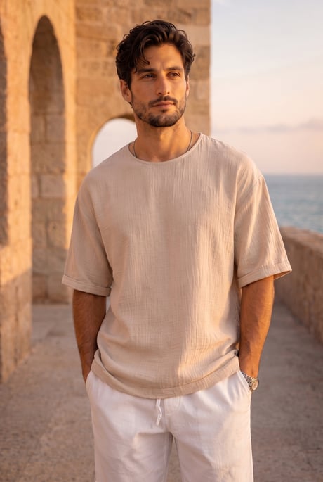 Godard Relax Fit %100 Pamuk Müslin Kumaş Duble Kol Bisiklet Yaka Erkek T-Shirt - Orta Bej