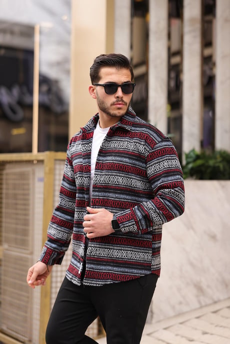 Etnik Desen Vintage Oduncu Gömlek - Siyah/Kırmızı