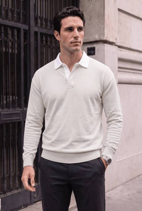 Luis Polo Yaka Selanik Örme Kumaş Erkek Sweatshirt - Taş