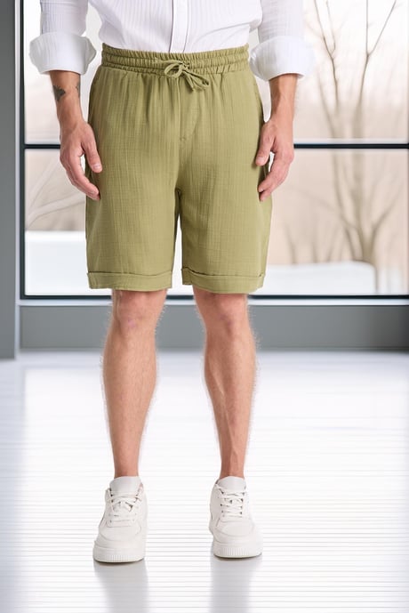 Hafif ve Rahat Duble Paça Müslin Erkek Şort - Açık Haki