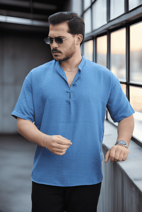 Wes Oversize Yarım Pat Bambu Kısa kol Gömlek - Mavi