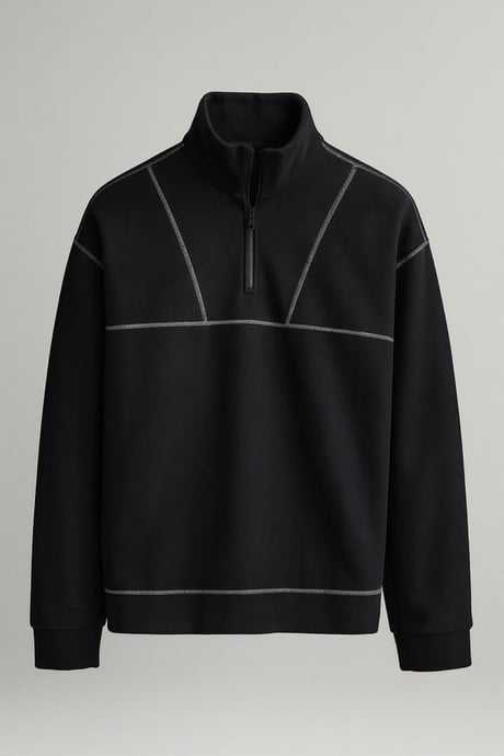 Crowe Çizgi Şeritli Oversize Yarım Fermuar Polar Erkek Sweatshirt - Siyah