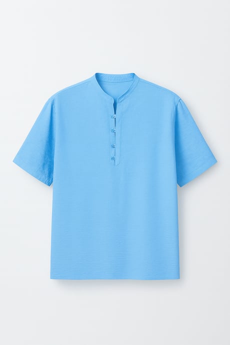 Wes Oversize Yarım Pat Bambu Kısa kol Gömlek - Açık Mavi