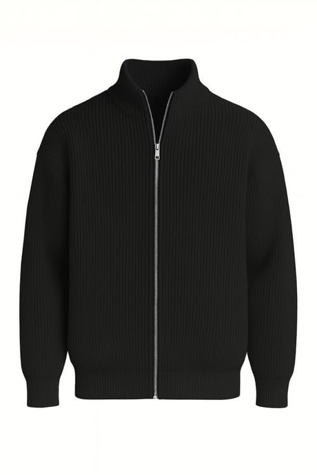 Woody Oversize Selanik Örme Fermuarlı Erkek Hırka- Siyah