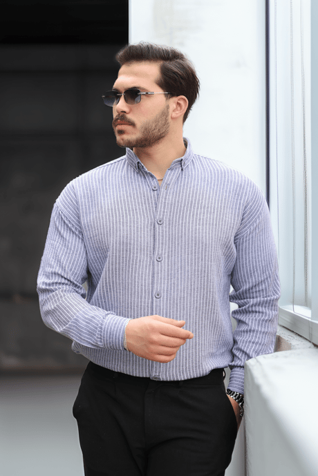Çizgili Müslin Kumaş Yakalı Erkek Gömlek - Lacivert