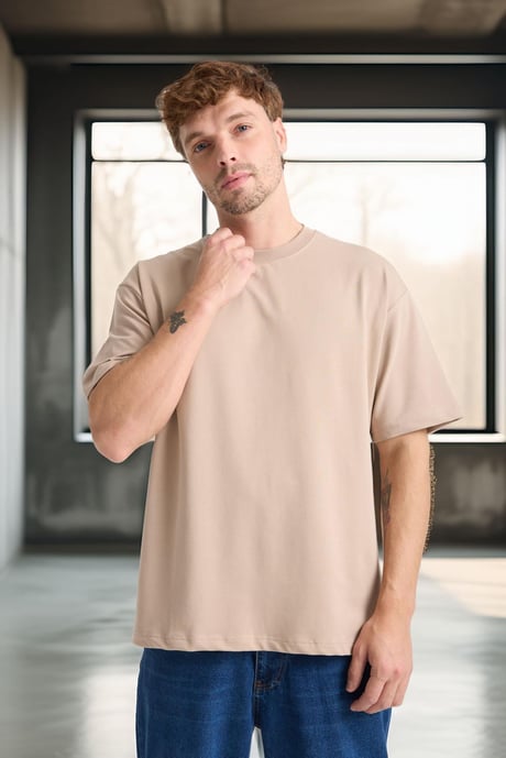 İki İplik Kumaş Pamuklu Bisiklet Yaka Basic Oversize Erkek T-Shirt - Kum Beji
