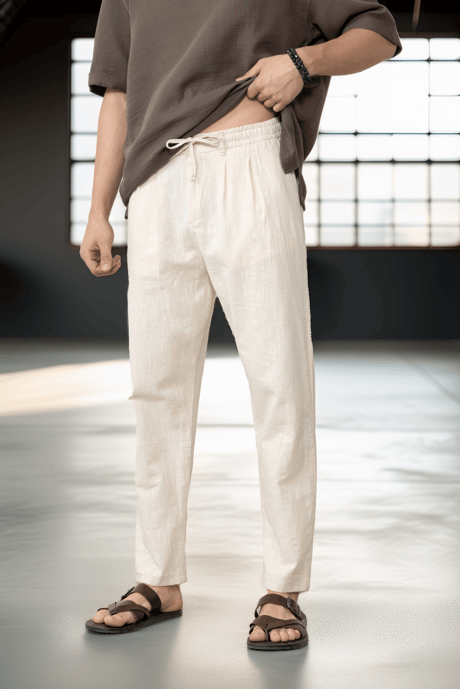 Pamuk Flamli Rahat Kalıp  Düz Paça Jogger Erkek Pantolon - Ekru