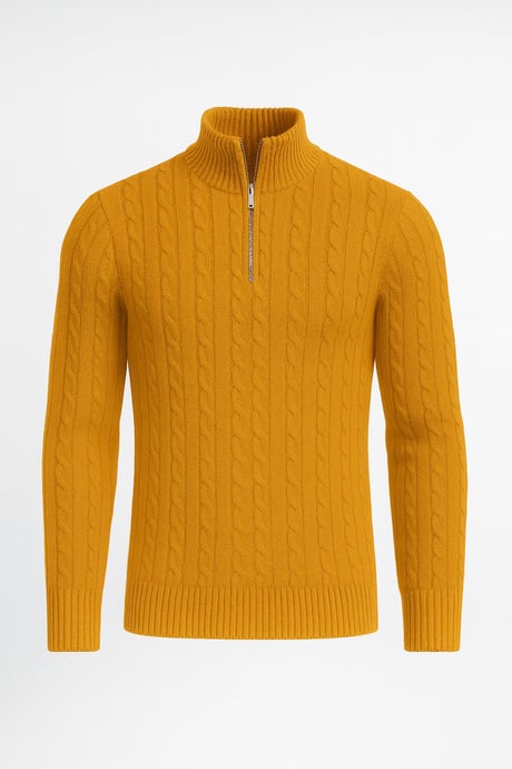 Bardem Saç Örgülü Yarım Fermuar Erkek Triko Kazak - Hardal
