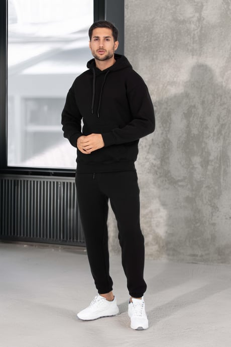 Şardonlu Kanguru Cepli Sweatshirt - 3 İplik Şardonlu Lastik Paça Erkek Eşofman Altı- Eşofman Takımı - Siyah