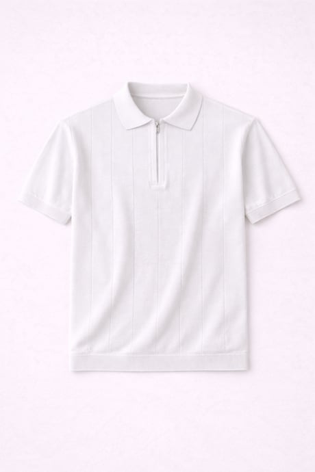 Ritchie Fermuarlı Polo Yaka Dikey Çizgili Kısa Kollu İnce Triko Erkek T-Shirt - Ekru